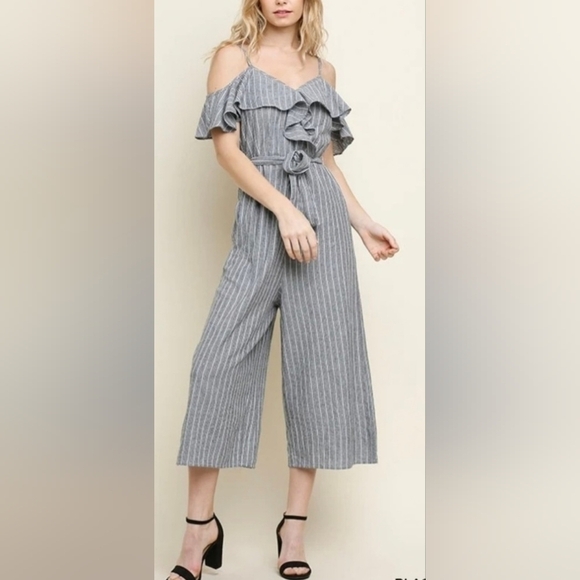 UMGEE - Gray & White Striped Cold-Shoulder Ruffle Jumpsuit - Picture 7 of 7